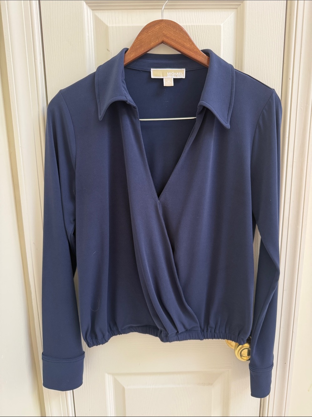 Michael Kors Navy Surplice Collared Long-Sleeve Blouse
